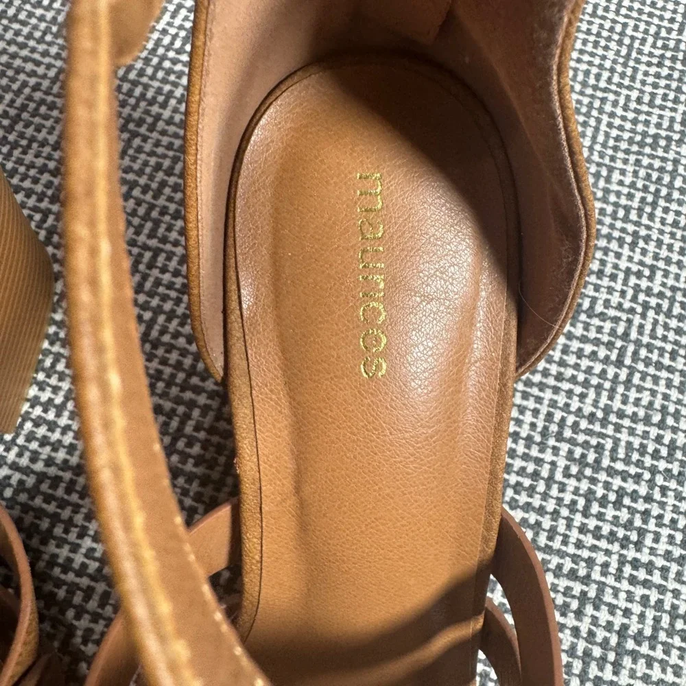 Maurices Womens Cognac Brown Woven Block Heel Sandals Back Zip Size 10M